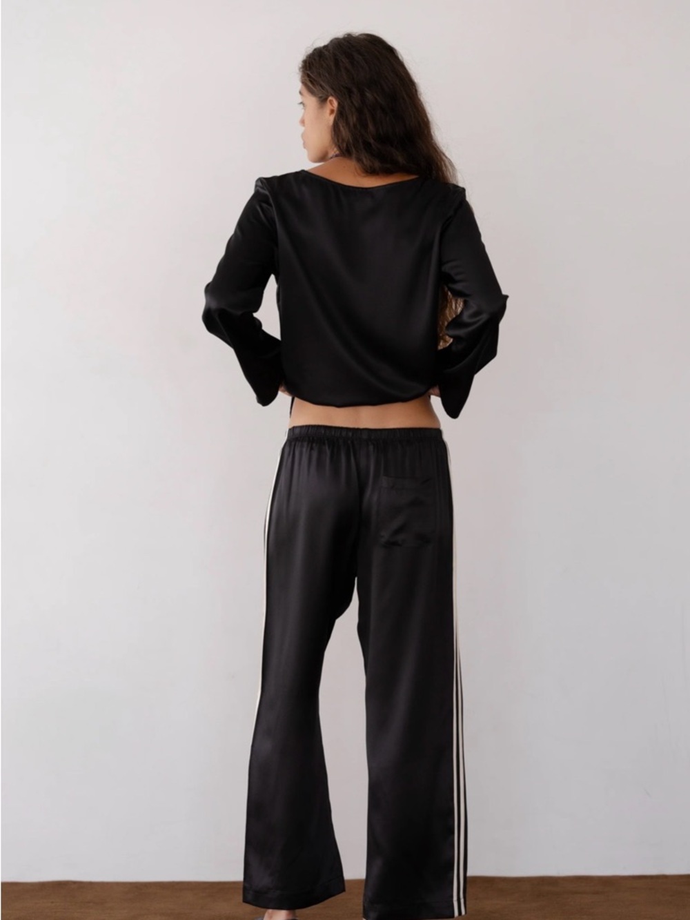 NWT DONNI. Black Silk Striped Crop Pants - Picture 3 of 3